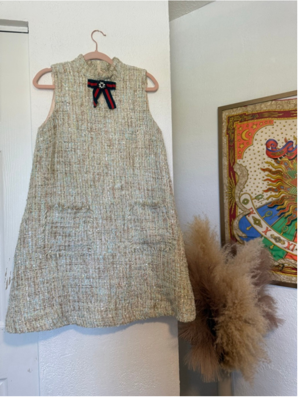 Preowned, Women's GRACIA Beige Blue Tweed Sleeveless Mini Dress, size small